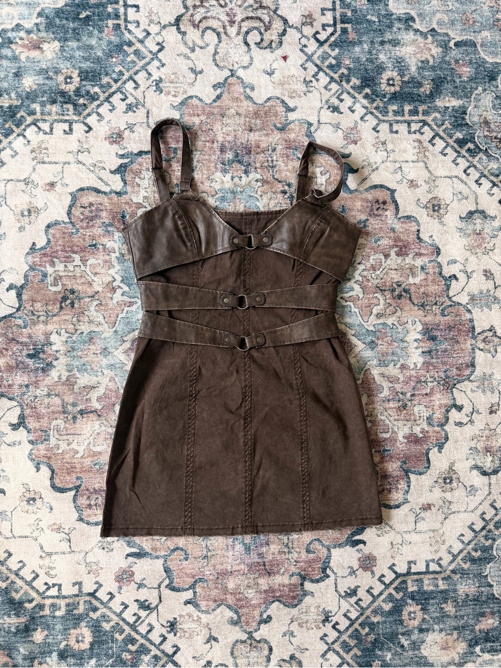 Darker Wavs Brown Faux-Leather Strappy Mini Dress